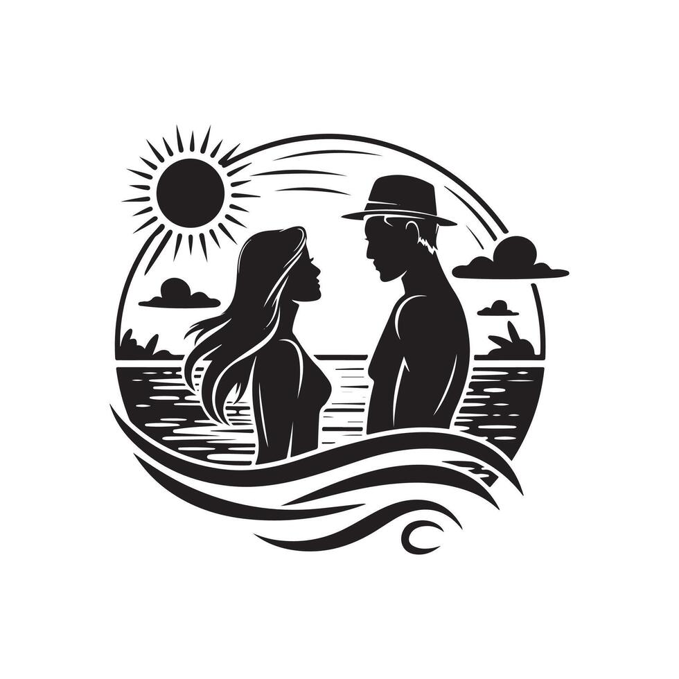 A man and woman are standing in front of the ocean vector