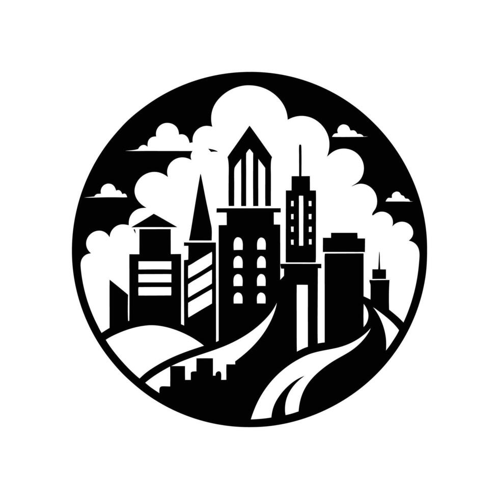 A black and white cityscape with a road and buildings vector