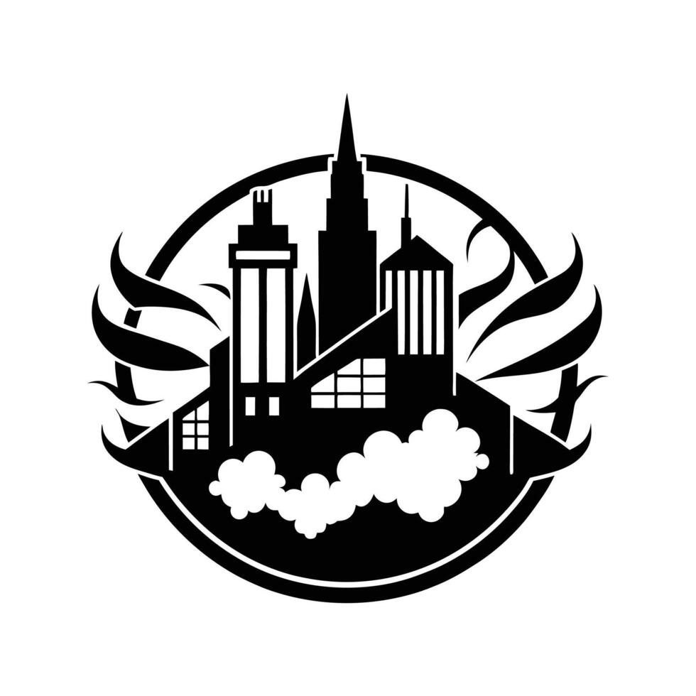 A black and white logo with a city skyline vector