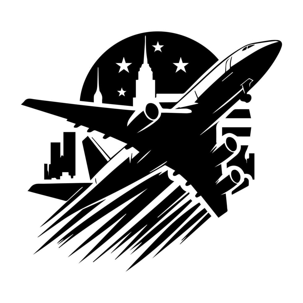 Airplane flying over city skyline vector