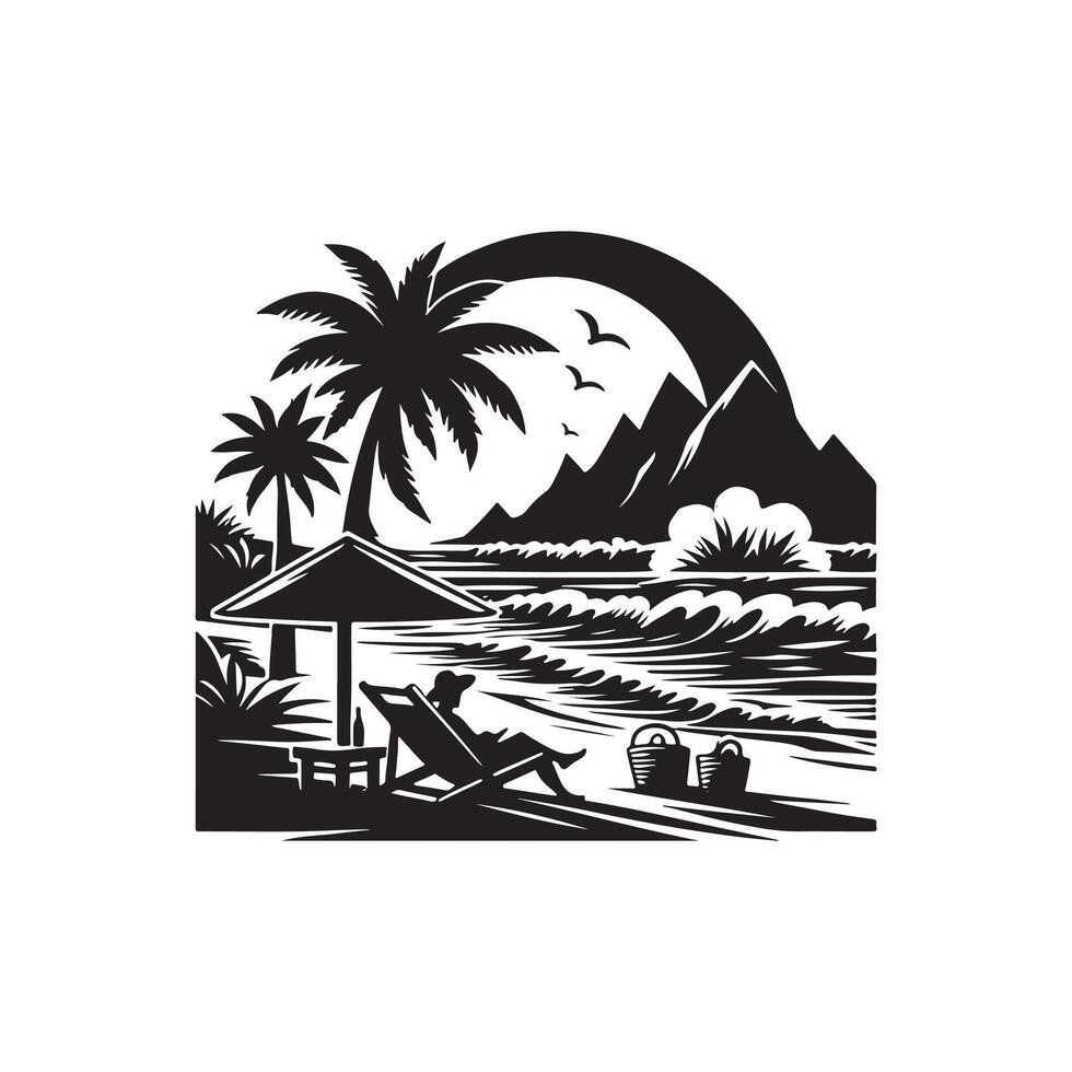 A black and white image of a man relaxing on a beach vector