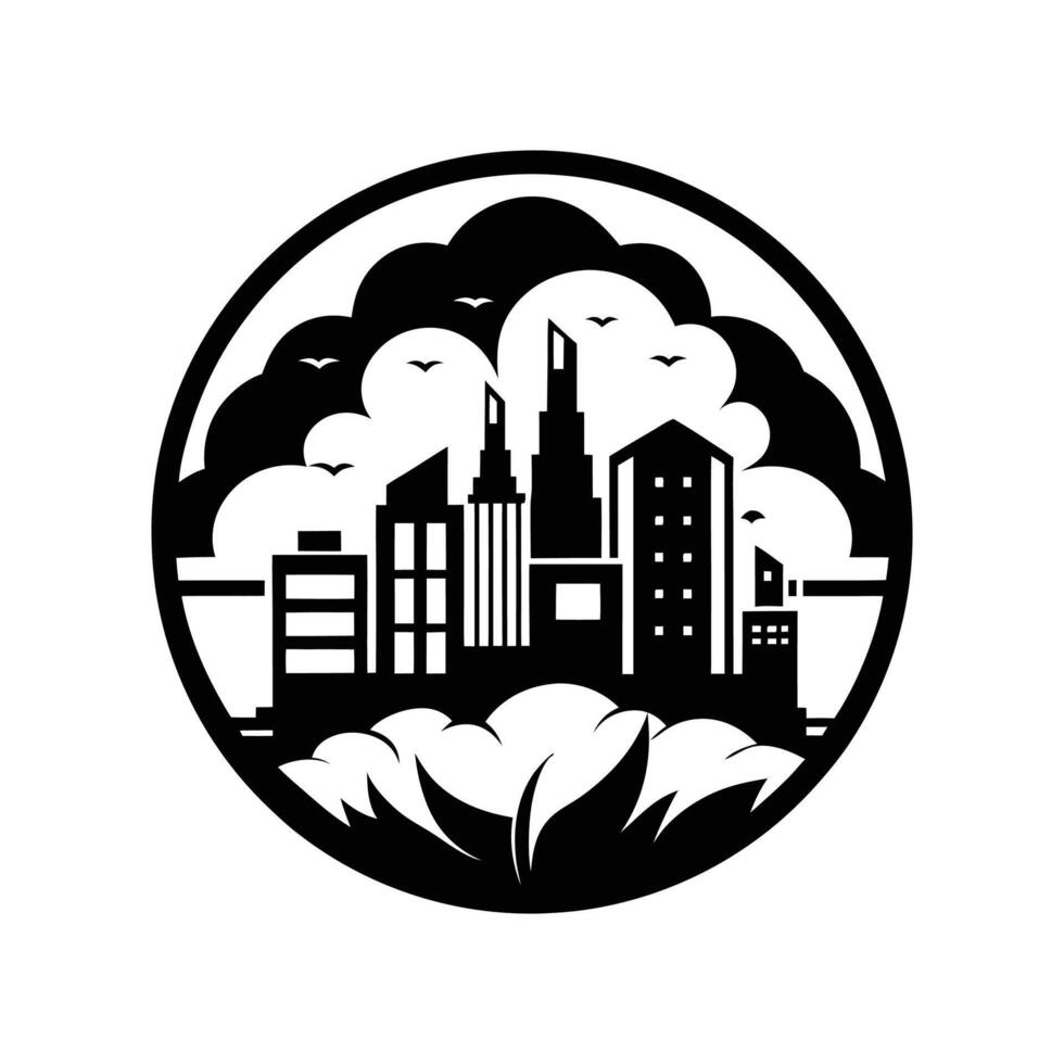 A black and white logo of a city with clouds vector