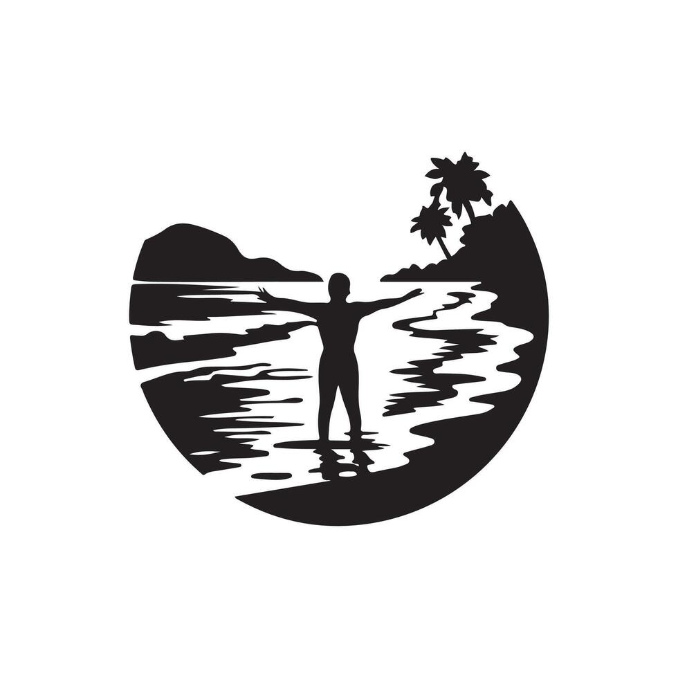 A silhouette of a man standing on the beach with palm trees vector