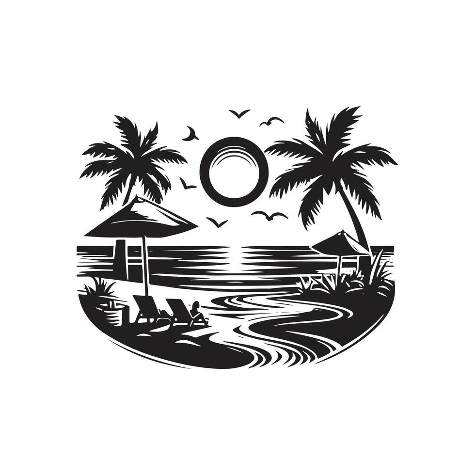 A black and white logo of a beach scene vector