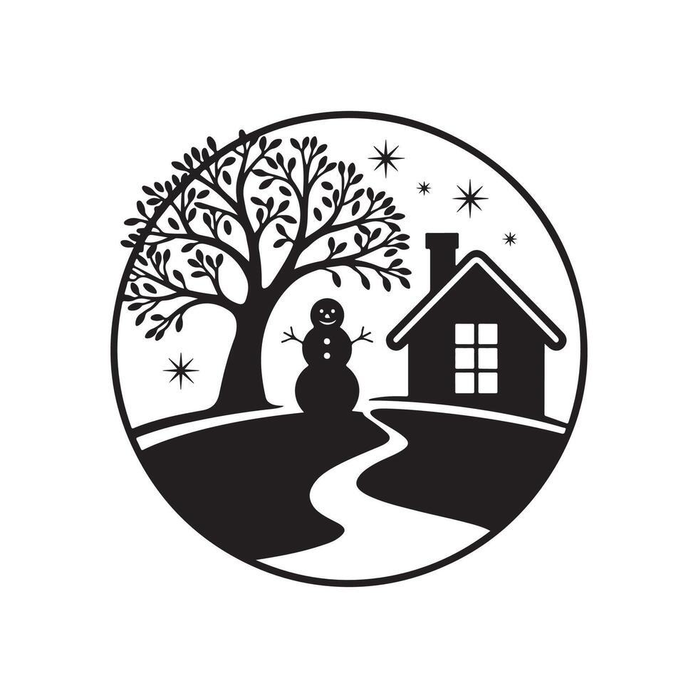 Winter house with snowman and tree in circle vector