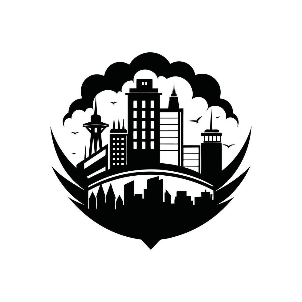 A black and white logo of a city with skyscrapers vector