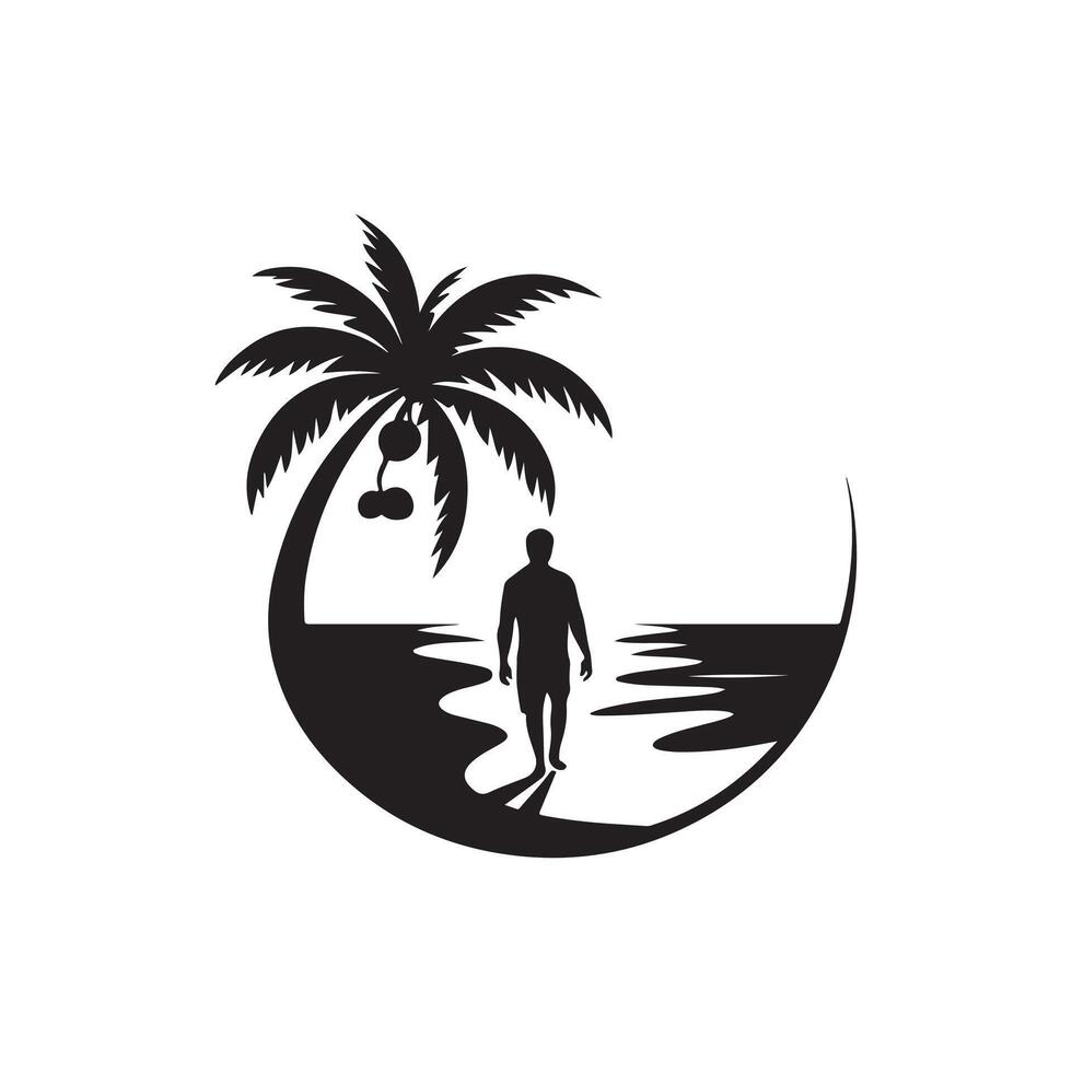 A man walking on the beach with palm trees vector
