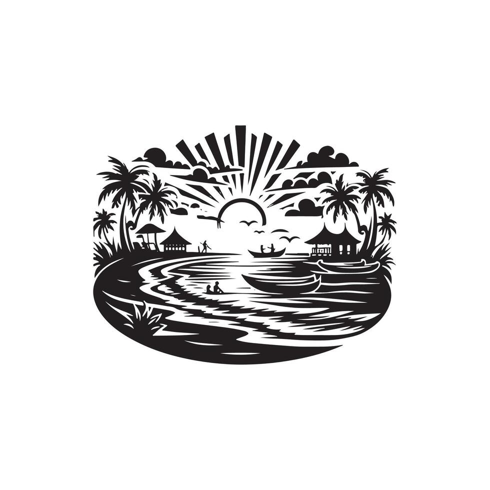 A black and white logo of a boat on the water vector