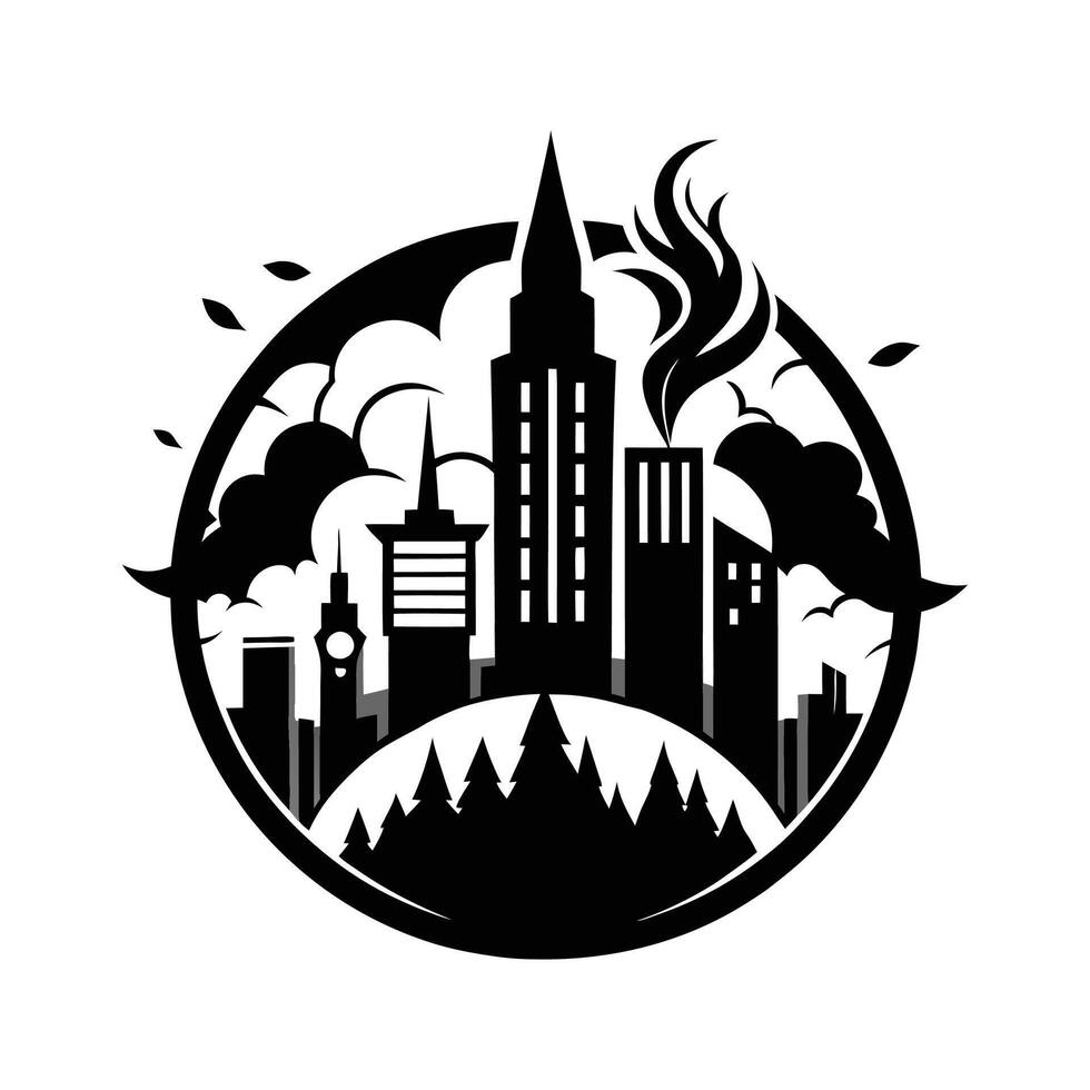 A black and white logo of a city with trees and buildings vector