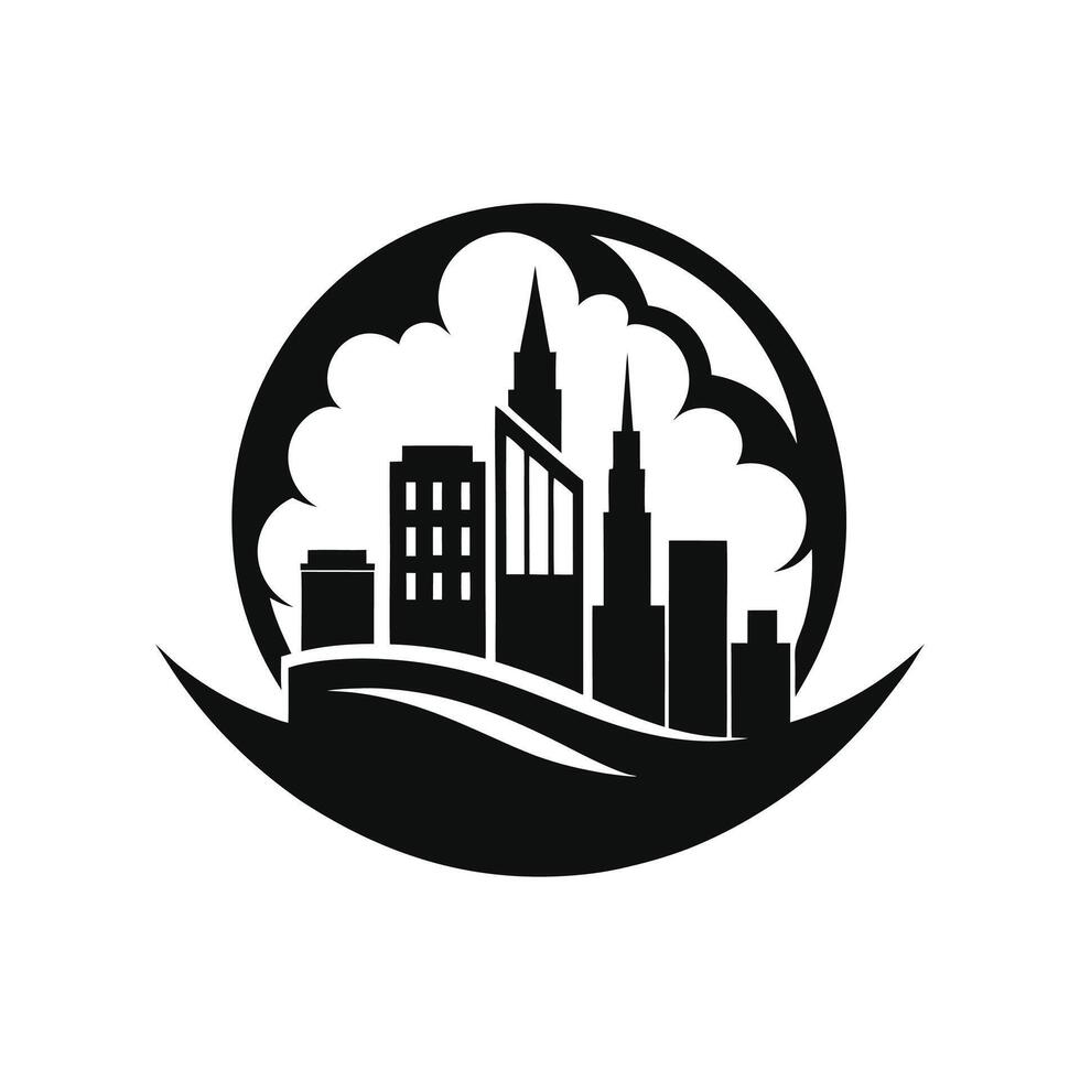 A black and white logo of a city with a cloud vector