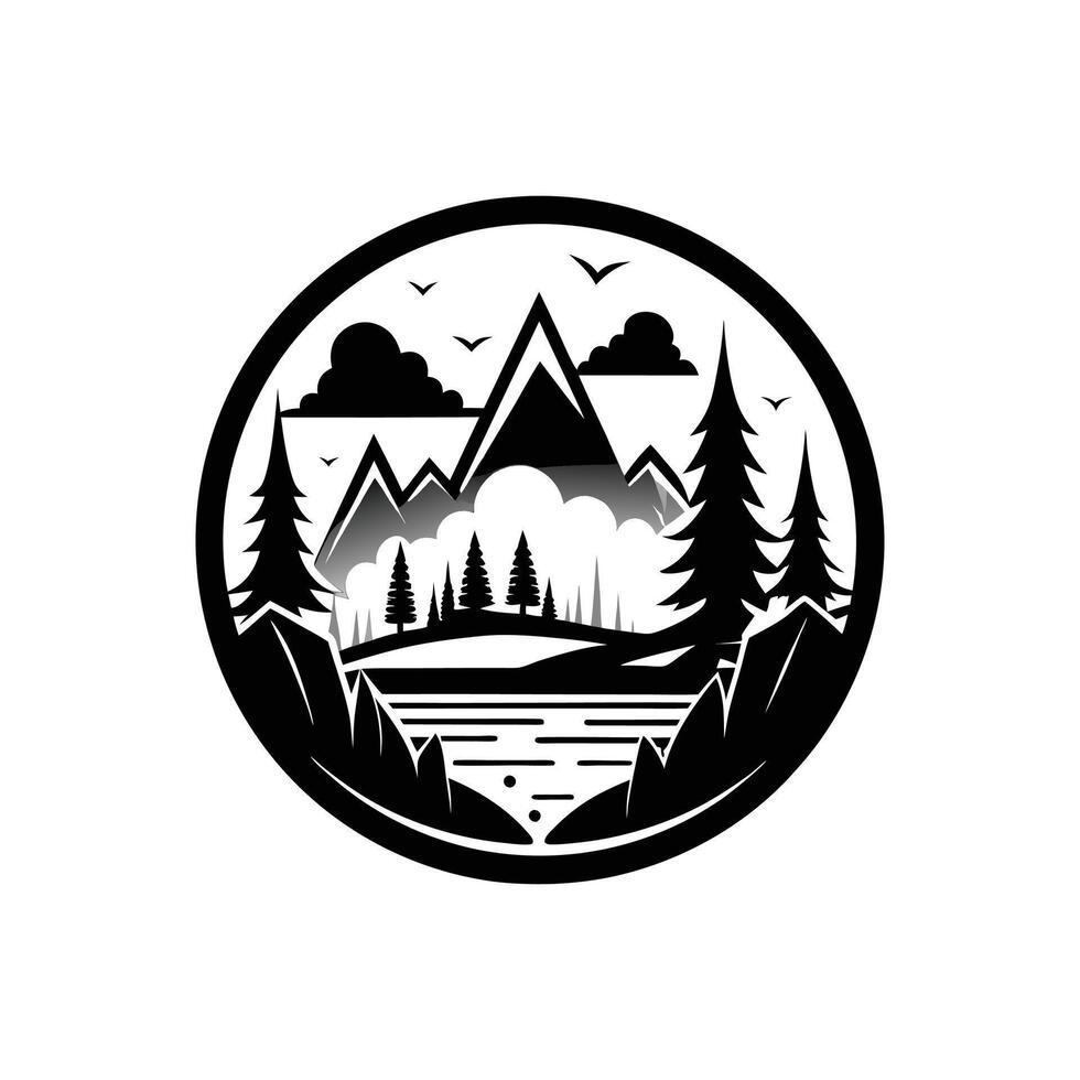 A black and white logo for a lake and mountains vector