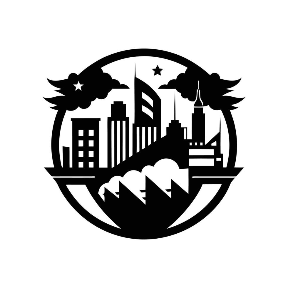 A black and white logo of a city with a wave vector