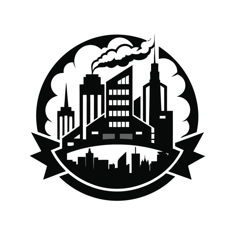 A black and white logo of a city with smoke coming out of the chimney vector