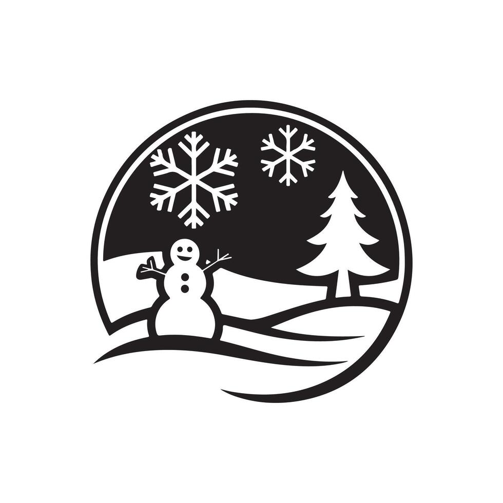 A black and white snowman with a tree in the background vector