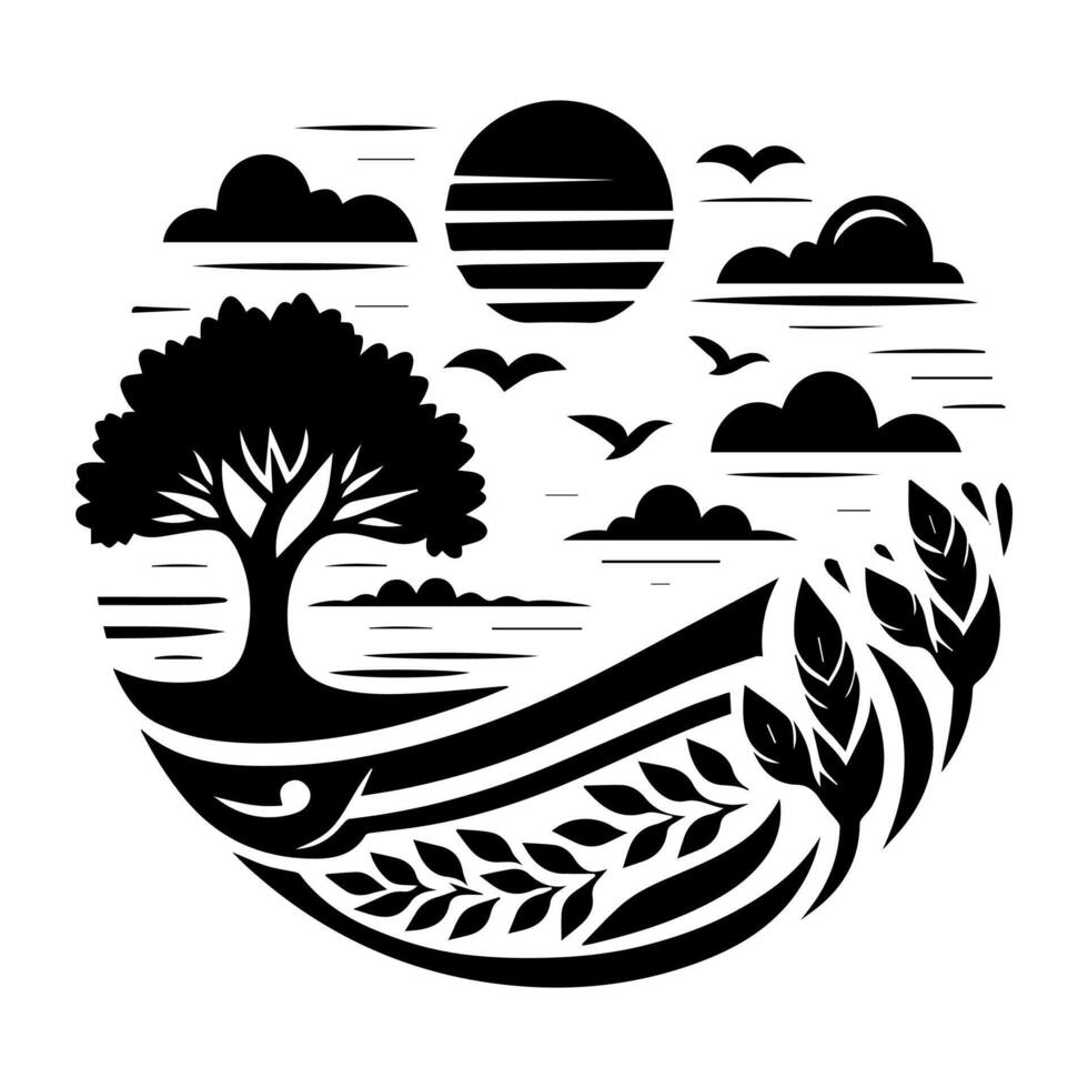 A black and white illustration of a tree and birds vector
