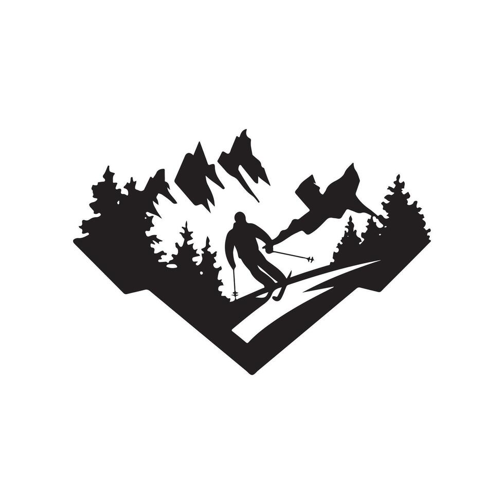 A black and white logo of a skier on a mountain vector