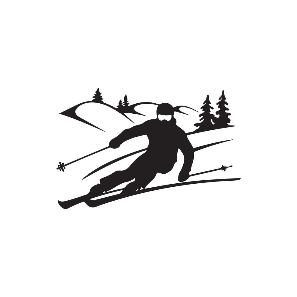 A black and white silhouette of a skier going down a mountain vector
