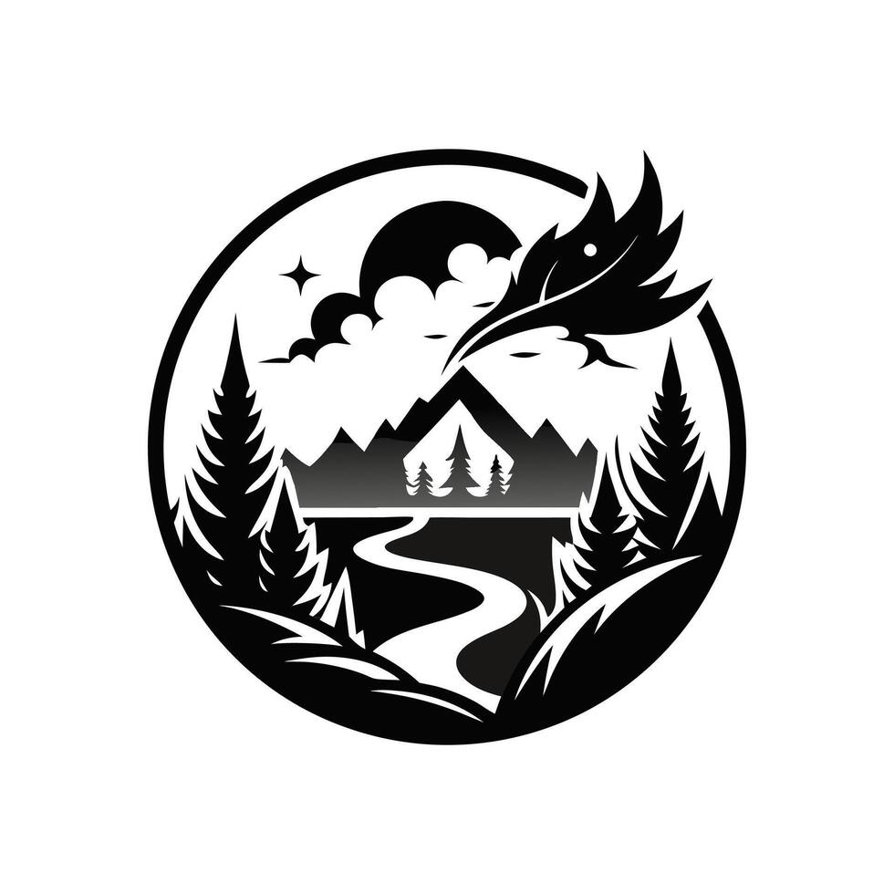 A black and white logo with a river and mountains vector