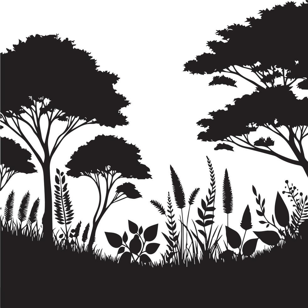 Silhouette of trees and grass in the forest vector