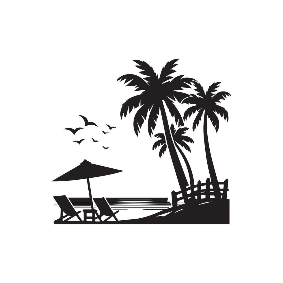 A black and white silhouette of a beach with palm trees and chairs vector