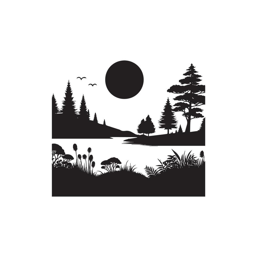Silhouette of a lake and trees in the forest vector