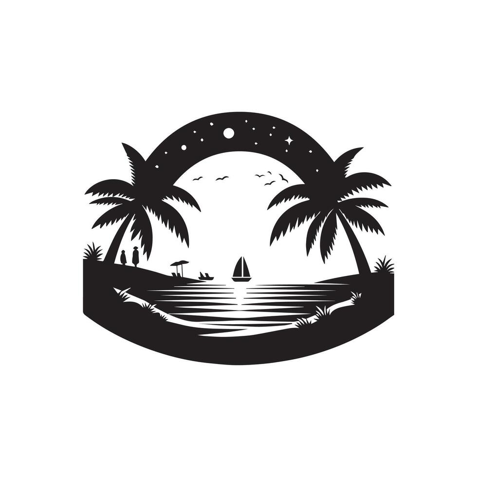 A black and white logo of palm trees and a boat vector