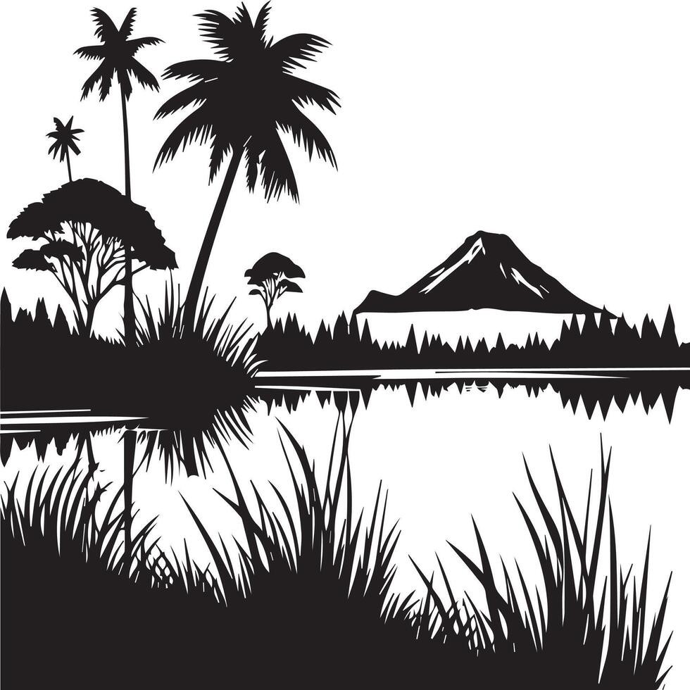 Silhouette of the jungle with palm trees and a mountain vector