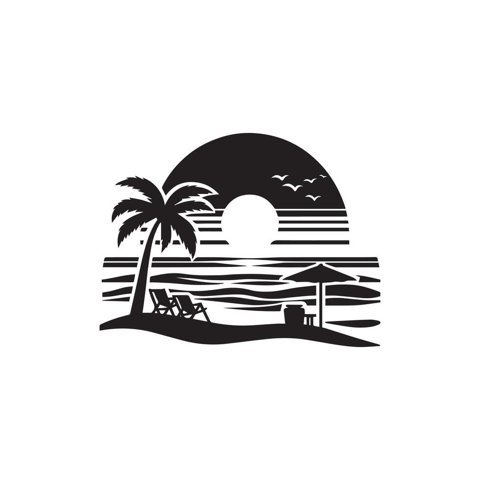 A black and white logo of a beach with palm trees vector
