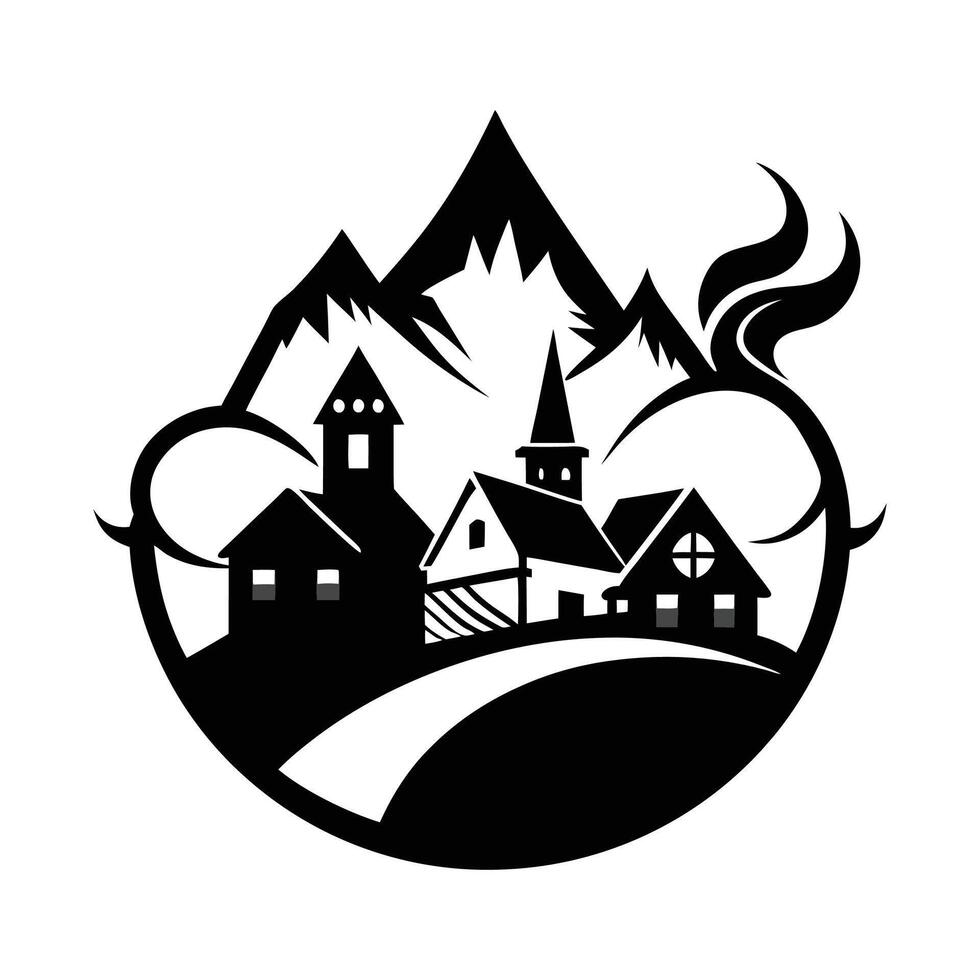 A black and white logo of a mountain town vector