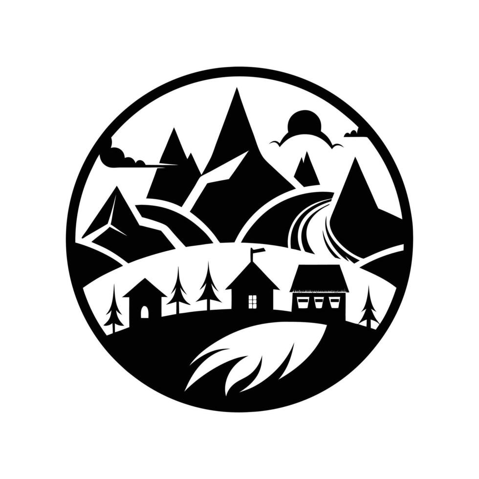 A black and white logo with mountains and a house vector