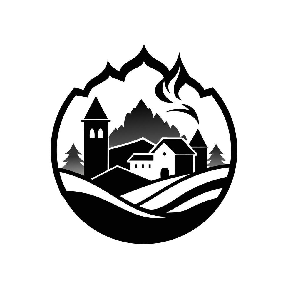 A black and white logo for a mountain village vector