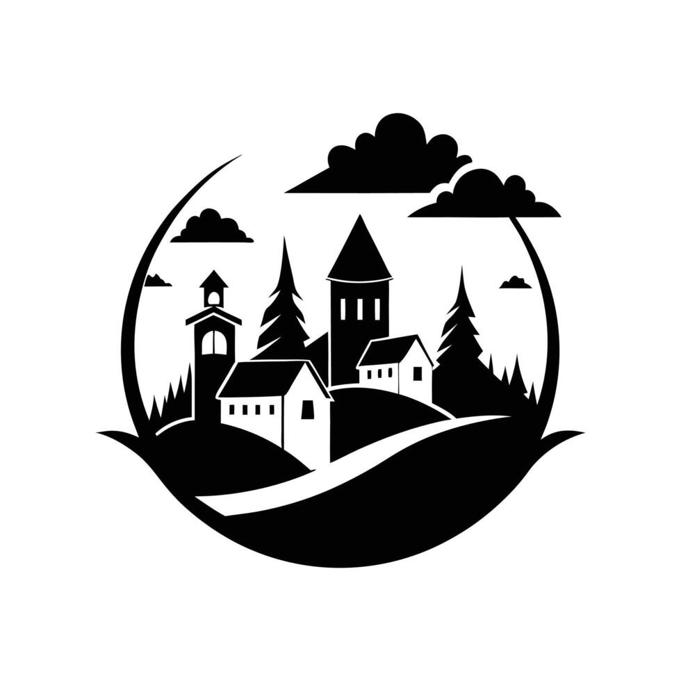 A black and white logo of a village with trees and houses vector