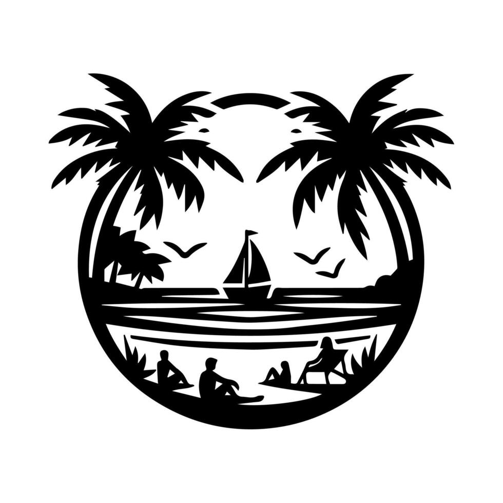 A black and white logo of palm trees and a sailboat vector