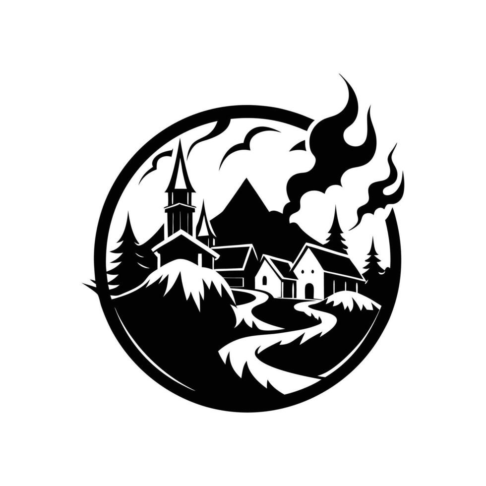 A black and white logo of a mountain and a house vector