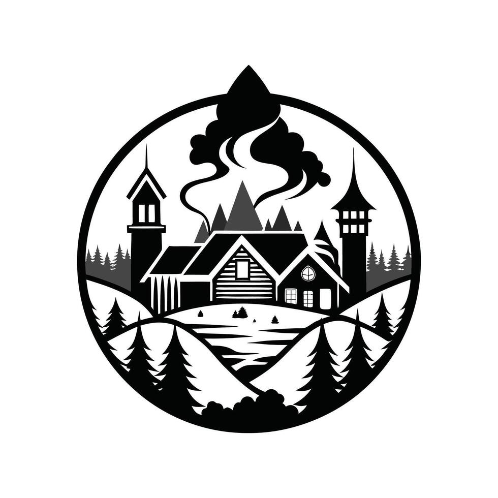 A black and white logo for a cabin in the woods vector