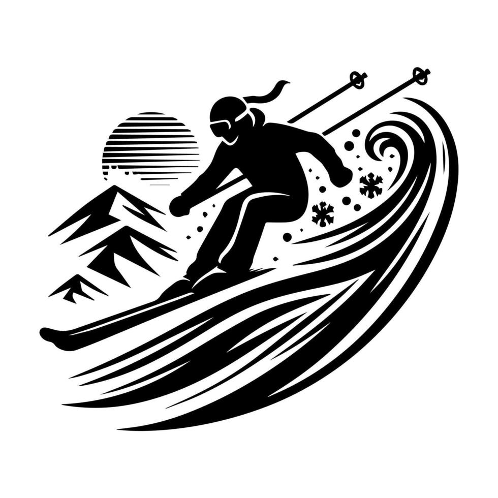 A black and white silhouette of a skier on a mountain vector