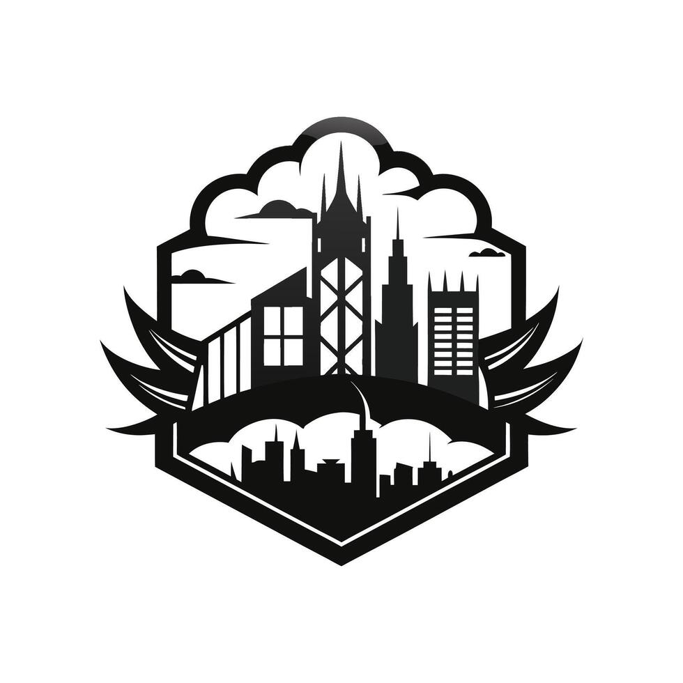A black and white logo for a city with skyscrapers vector