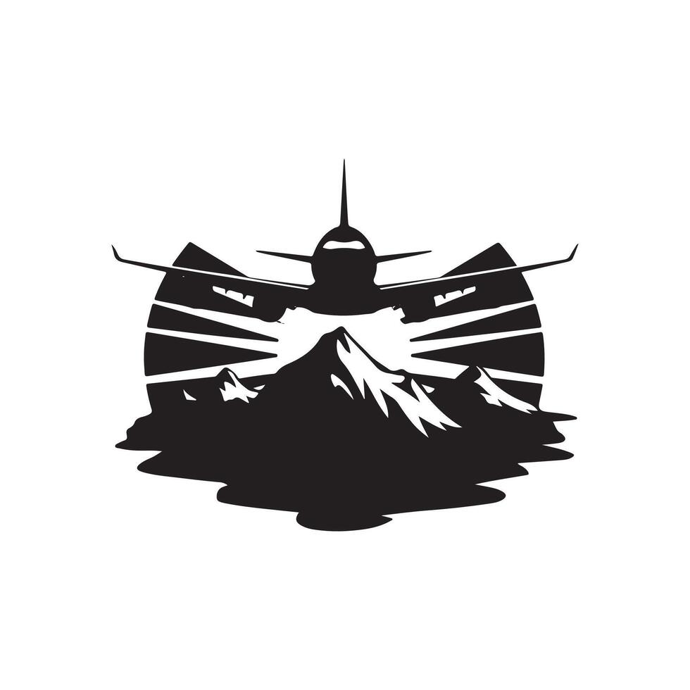 Airplane flying over mountains and mountains logo design vector