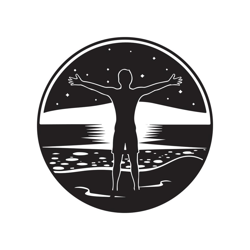 A silhouette of a man standing on the beach with his arms outstretched vector
