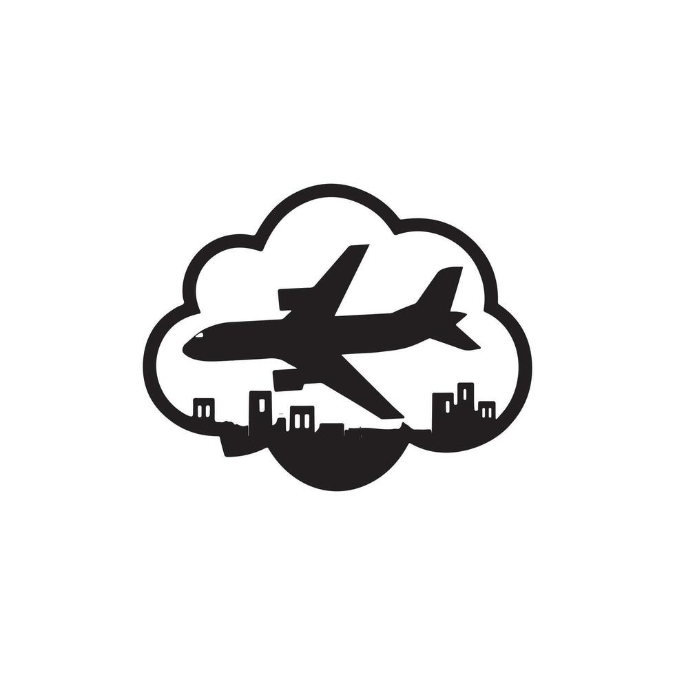 Airplane flying over city skyline icon vector