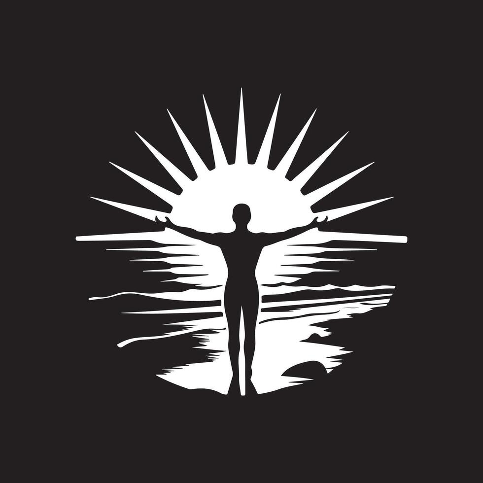 A silhouette of a man standing on the beach with his arms outstretched vector