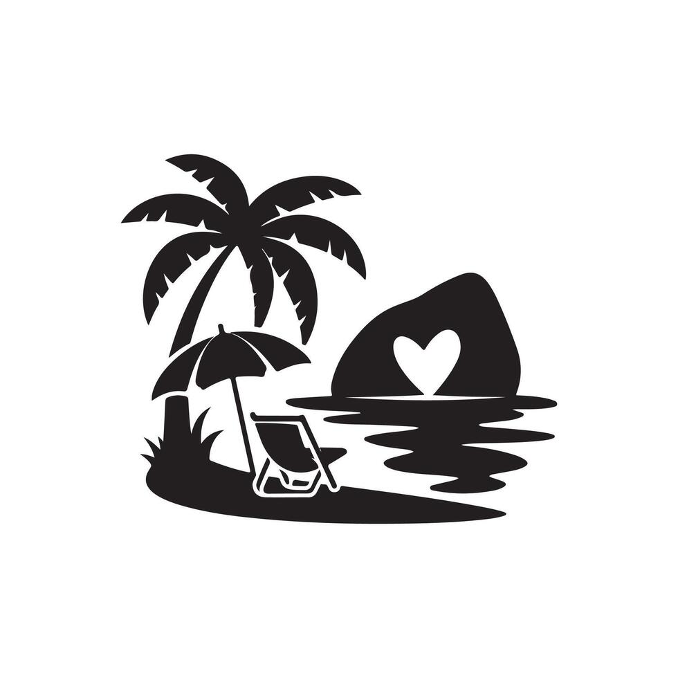 A black and white silhouette of a beach with palm trees and a heart vector
