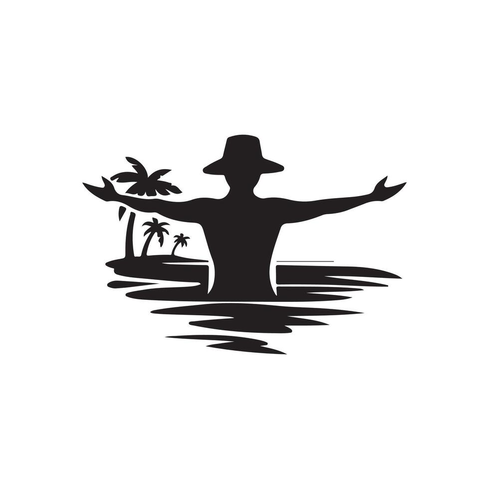 A man in a hat standing in the ocean with palm trees vector
