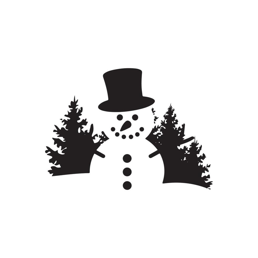 A snowman with a top hat and pine trees vector