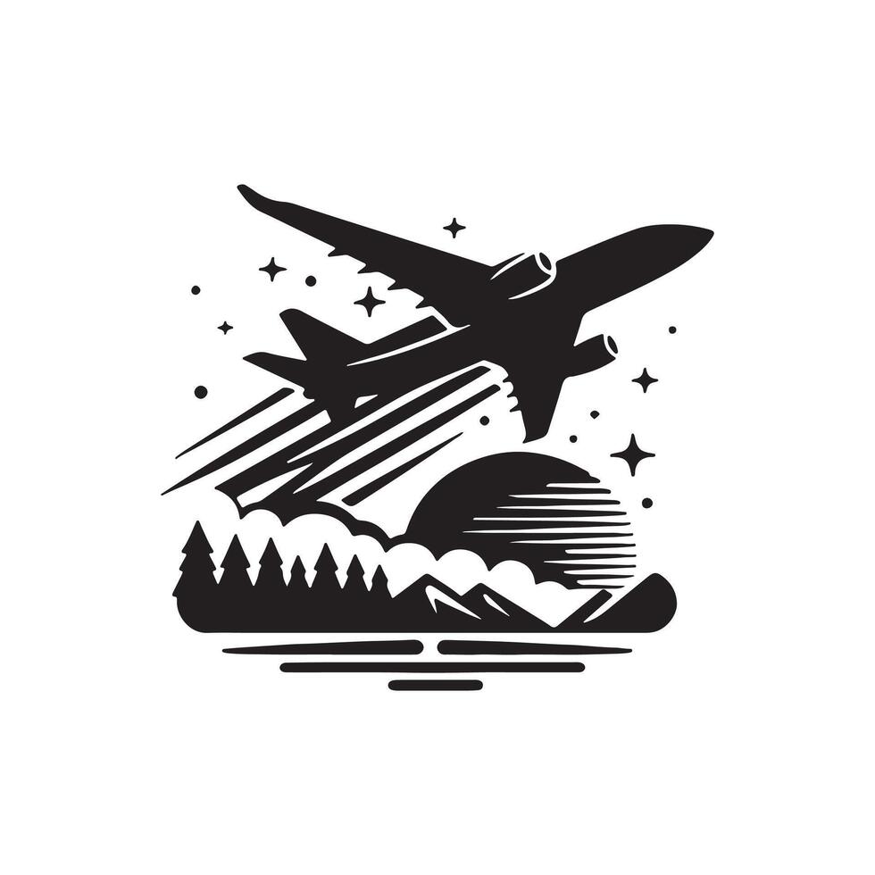 A black and white logo of an airplane flying over a mountain vector