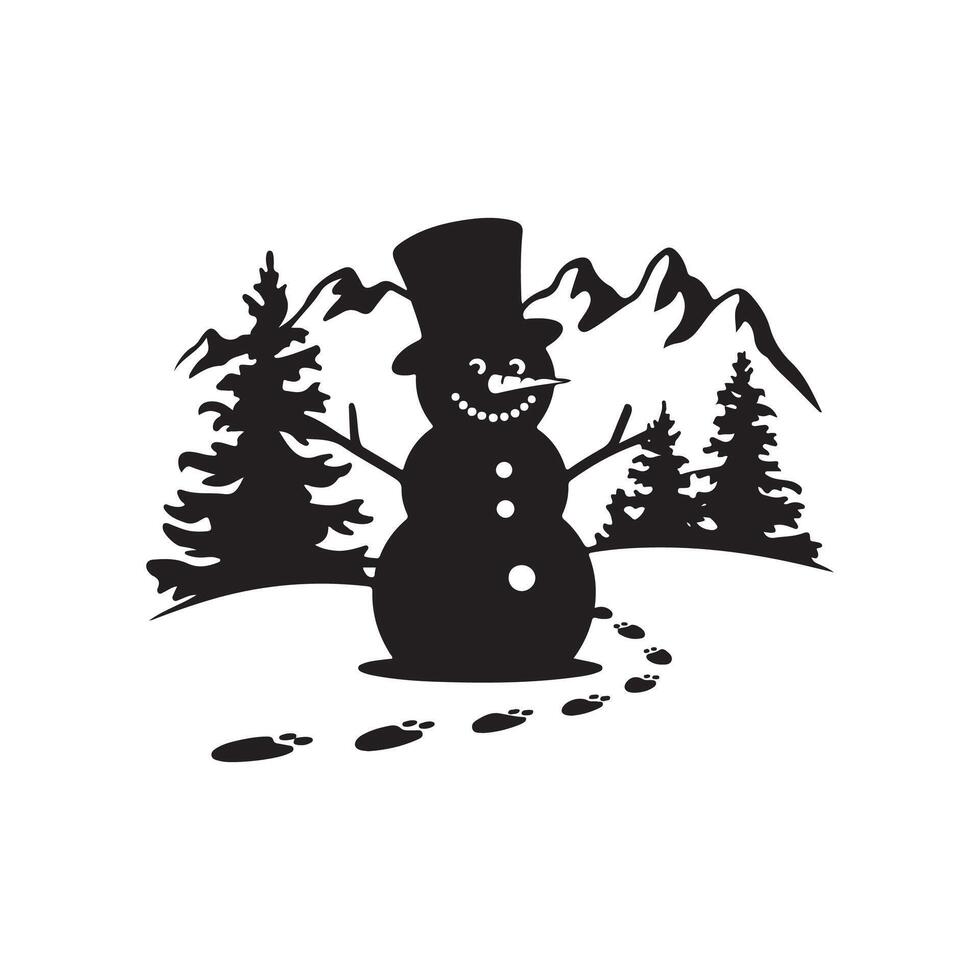 A snowman with footprints in the snow is shown in a black and white design vector