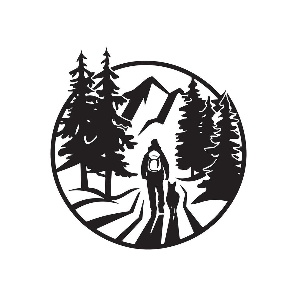 A man and dog walking in the woods vector