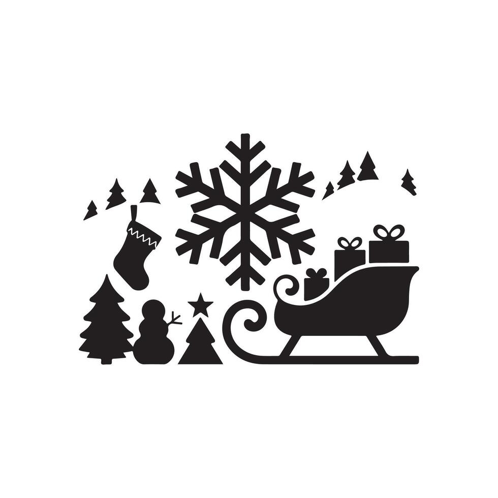 A black and white silhouette of a sleigh, snowman, and tree vector
