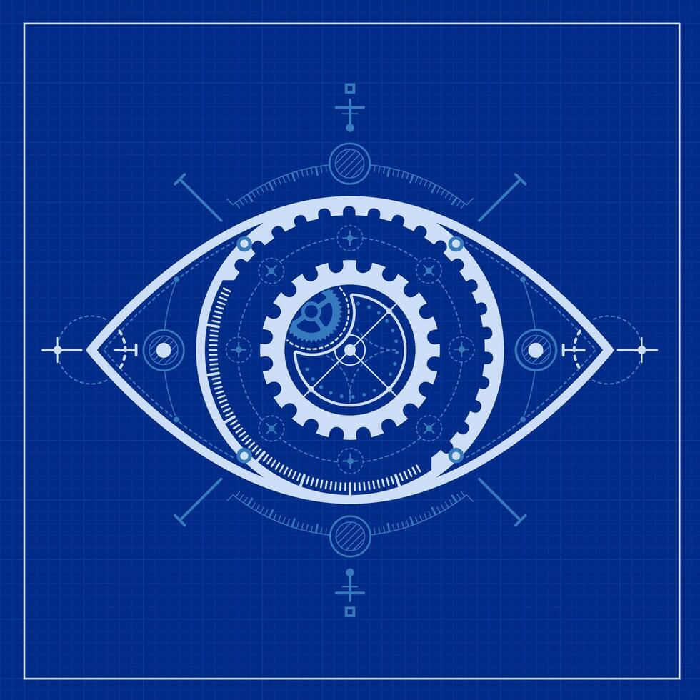 concept of ai or artificial intelligence or biometrics, graphic of futuristic eye presented in mechanic blueprint style vector