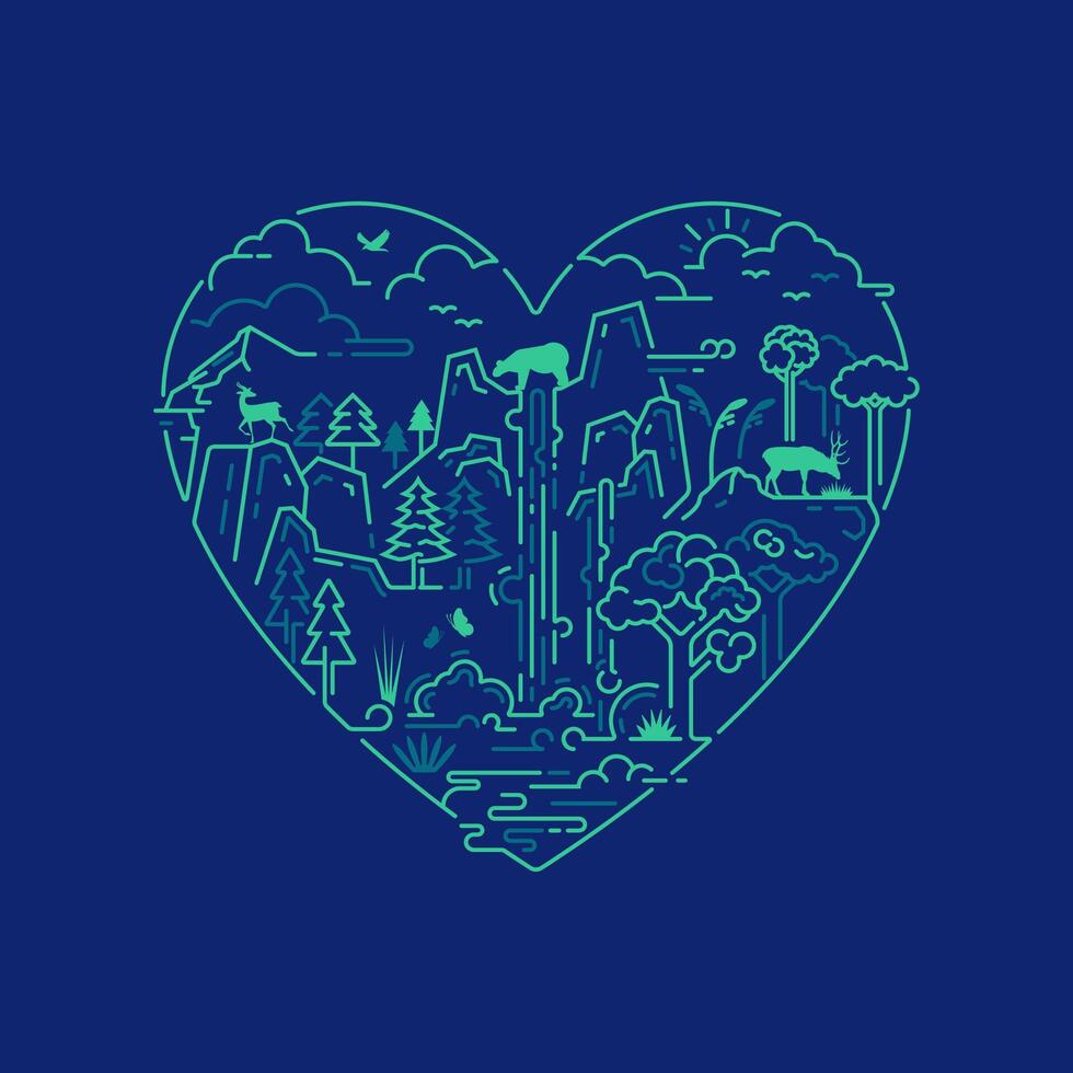 world environment day campaign, graphic of heart shape combine with wildlife animal and forest vector